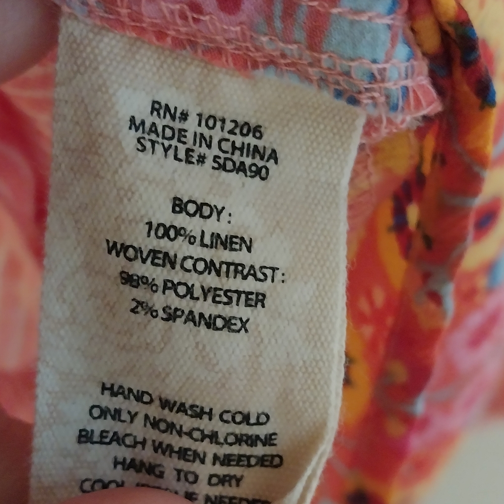 Soft Surroundings Pink and Yellow Patchwork Eden Island Linen Top - Picture 9 of 12